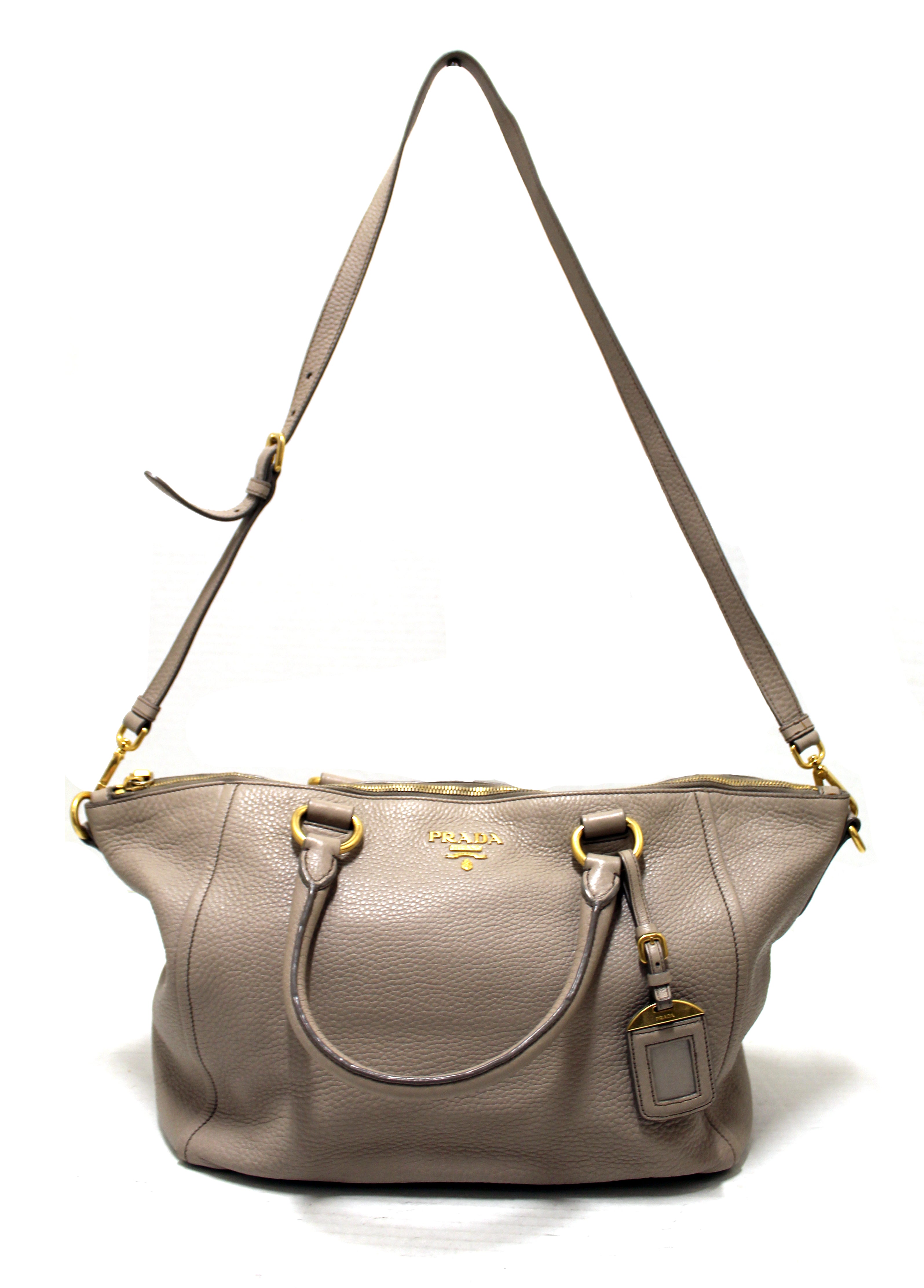 Authentic Prada Large Greige Calfskin Crossbody Tote Shoulder Bag for Women | Luxury Leather Handbag Purse | Perfect for Work, Travel & Everyday Use