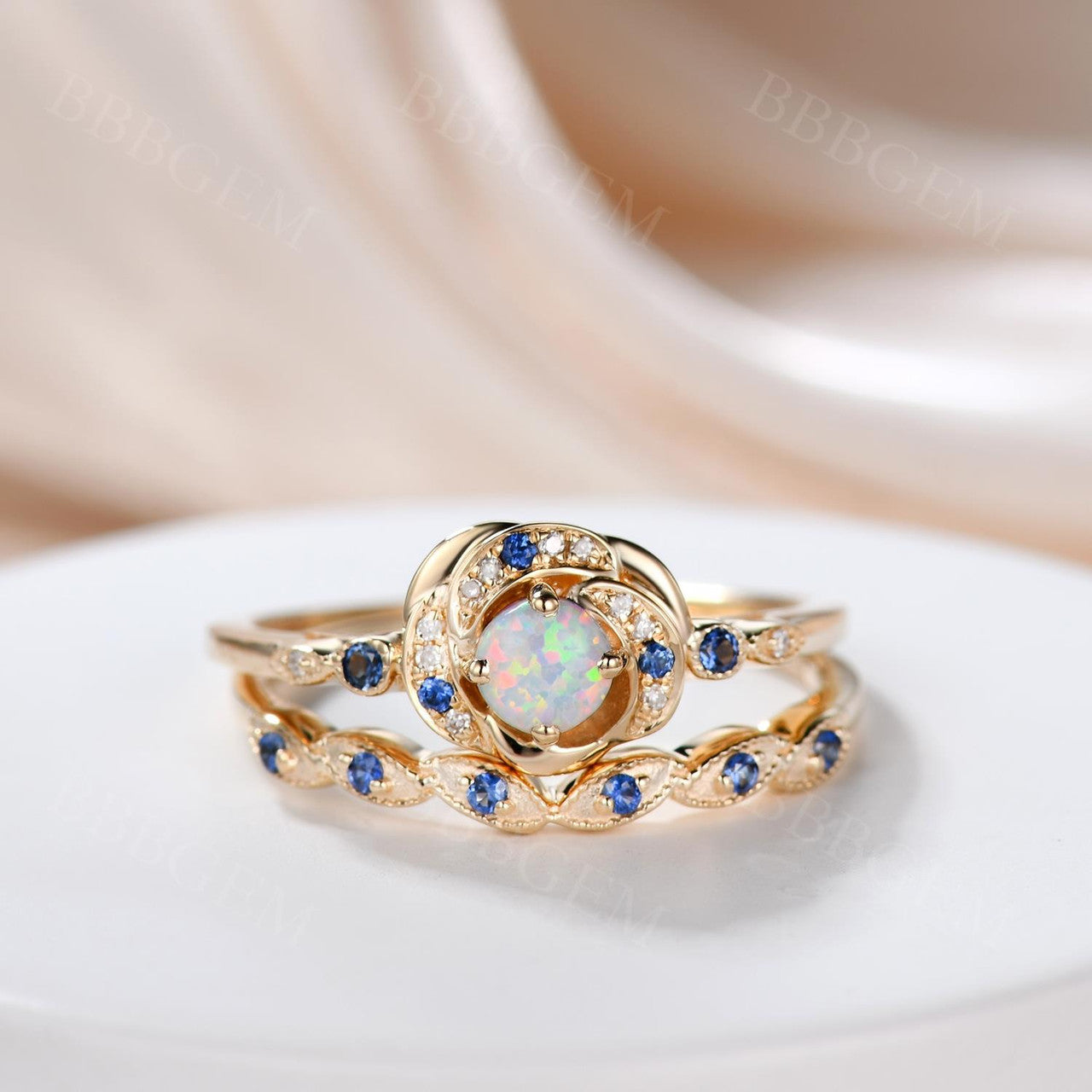 Art Deco Milgrain White Opal Engagement Ring Set - Vintage Inspired Wedding Band for Women - Perfect for Proposals, Anniversaries & Bridal Jewelry