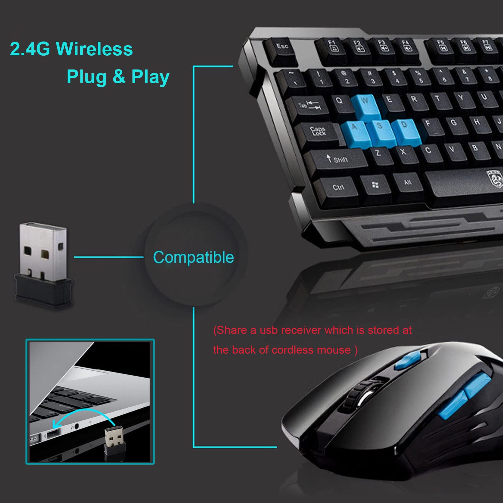 2.4GHz Wireless Keyboard and Mouse Combo - Ergonomic USB Cordless Keyboard with Optical Mouse for PC/Laptop - Perfect for Home Office, Gaming & Study (Black)