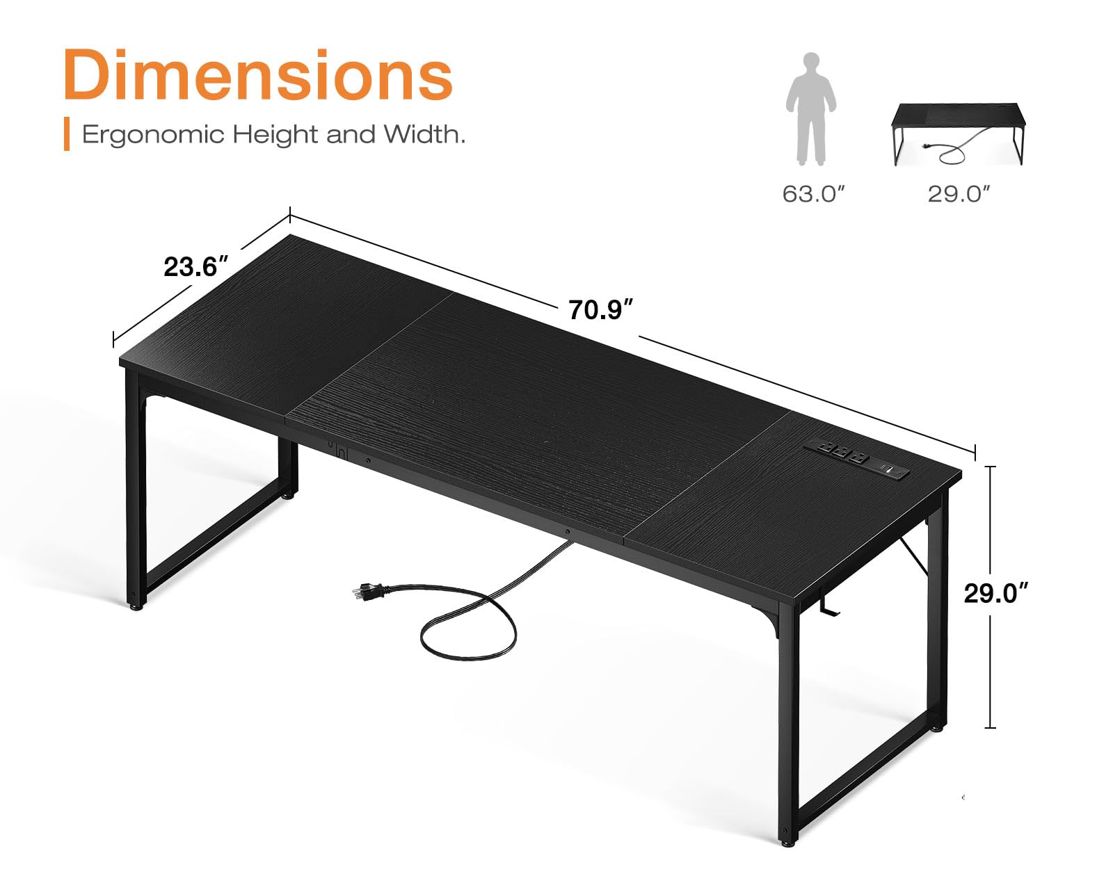 Coleshome 71 Inch Large Computer Desk with USB Ports - Sturdy Office Desk & Study Table for Home, Gaming, Workstation | Black Modern Writing Desk for Students & Professionals