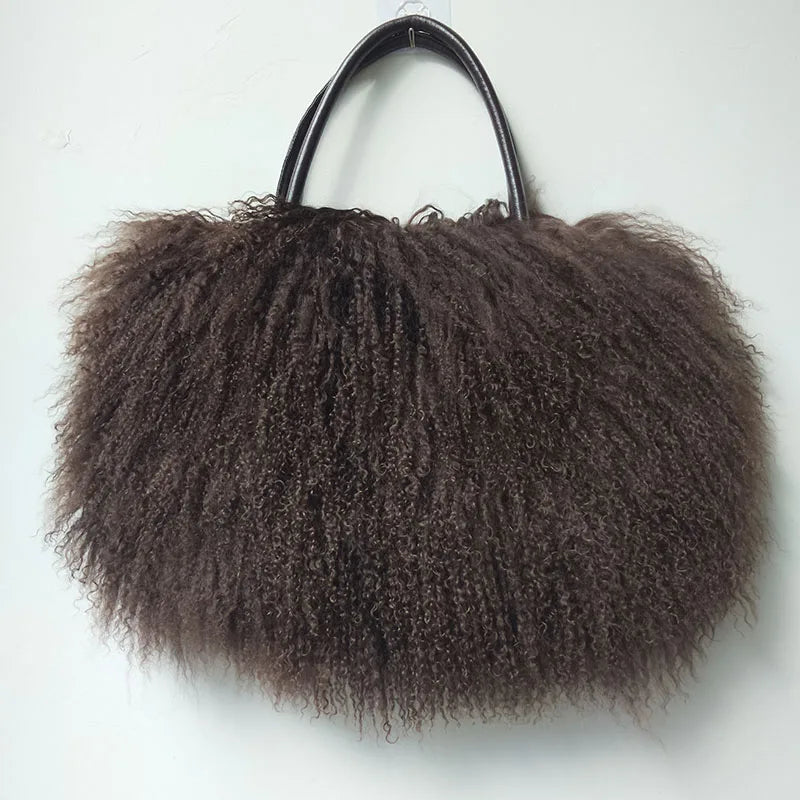 Genuine Mongolia Lamb Fur Handbag for Women - Natural Long Hair Fur Shoulder Bag - Elegant Tote Purse for Casual & Winter Fashion - Perfect for Daily Use, Office, and Special Occasions