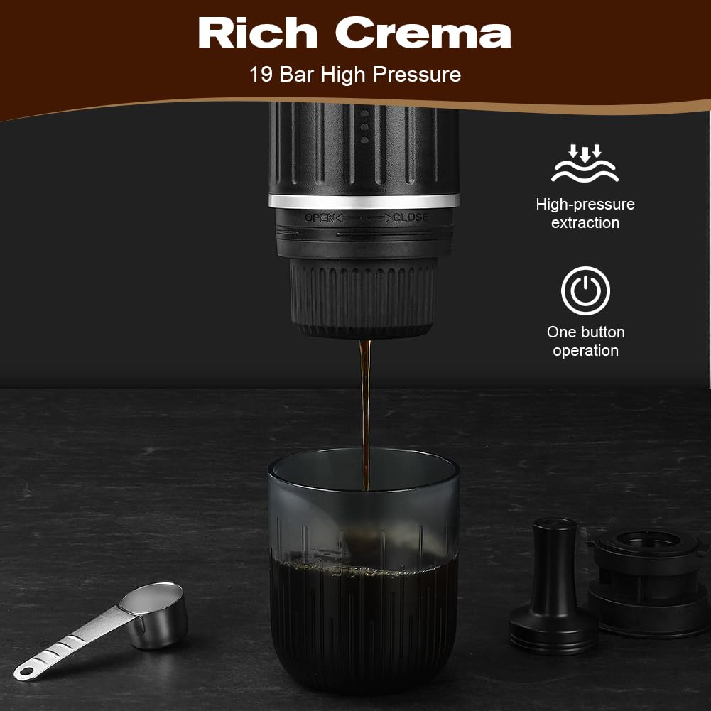 HOTUT Portable Espresso Machine - 19 Bar Pressure Travel Coffee Maker with Rechargeable Battery, Compact 12V Design & One-Button Operation - Perfect for Camping, Road Trips, and Office Use