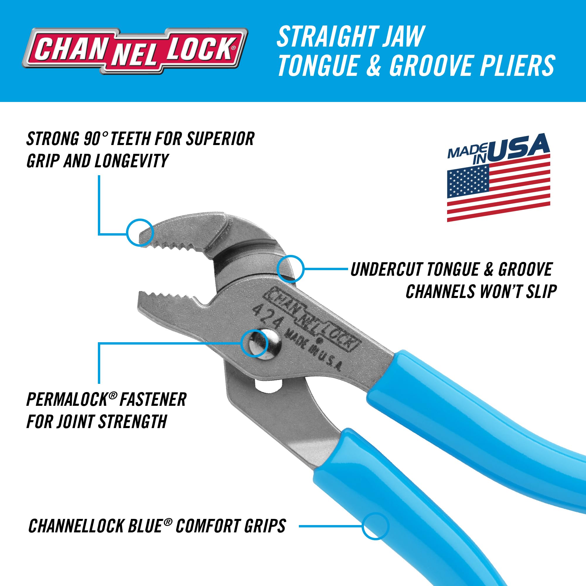 CHANNELLOCK 424 4.5-Inch Straight Jaw Tongue & Groove Pliers - 1/2-Inch Jaw Capacity, 3 Adjustments, 90° Teeth Grip (Both Directions) - Made in USA, Polished Steel - Perfect for Plumbing, Electrical Work & DIY Home Repairs