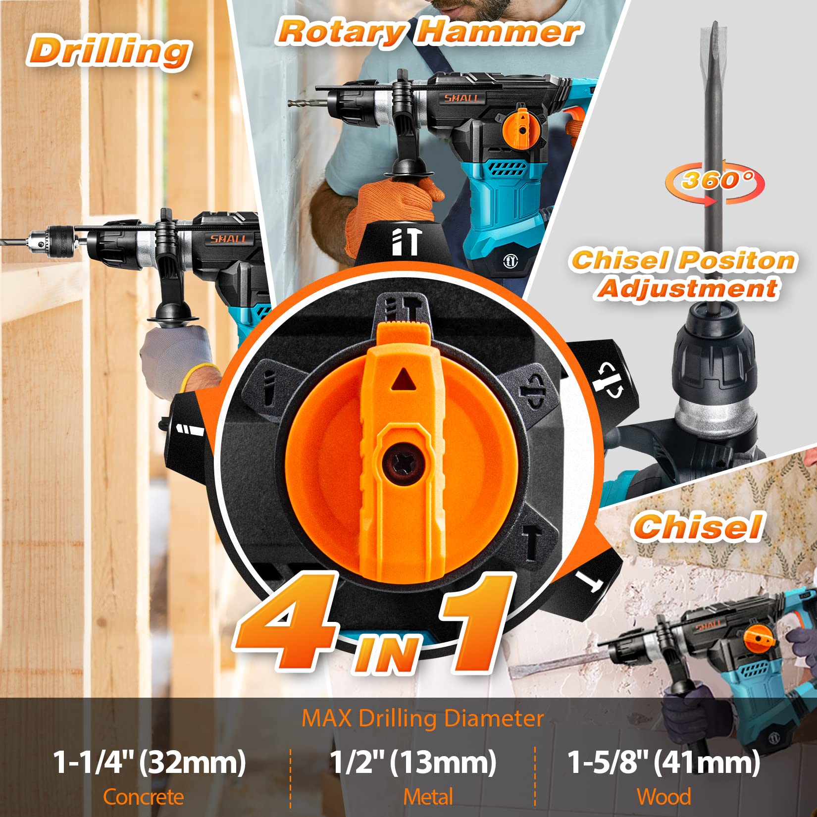 SHALL 1-1/4 Inch SDS Plus Rotary Hammer Drill - 1500W Heavy Duty Demolition Hammer with Speed Adjustment, 4 Functions & 3 Drill Bits - Includes Flat Chisel & Point Chisel (0-950 RPM) - Perfect for Concrete Drilling, Demolition Work & Masonry Projects