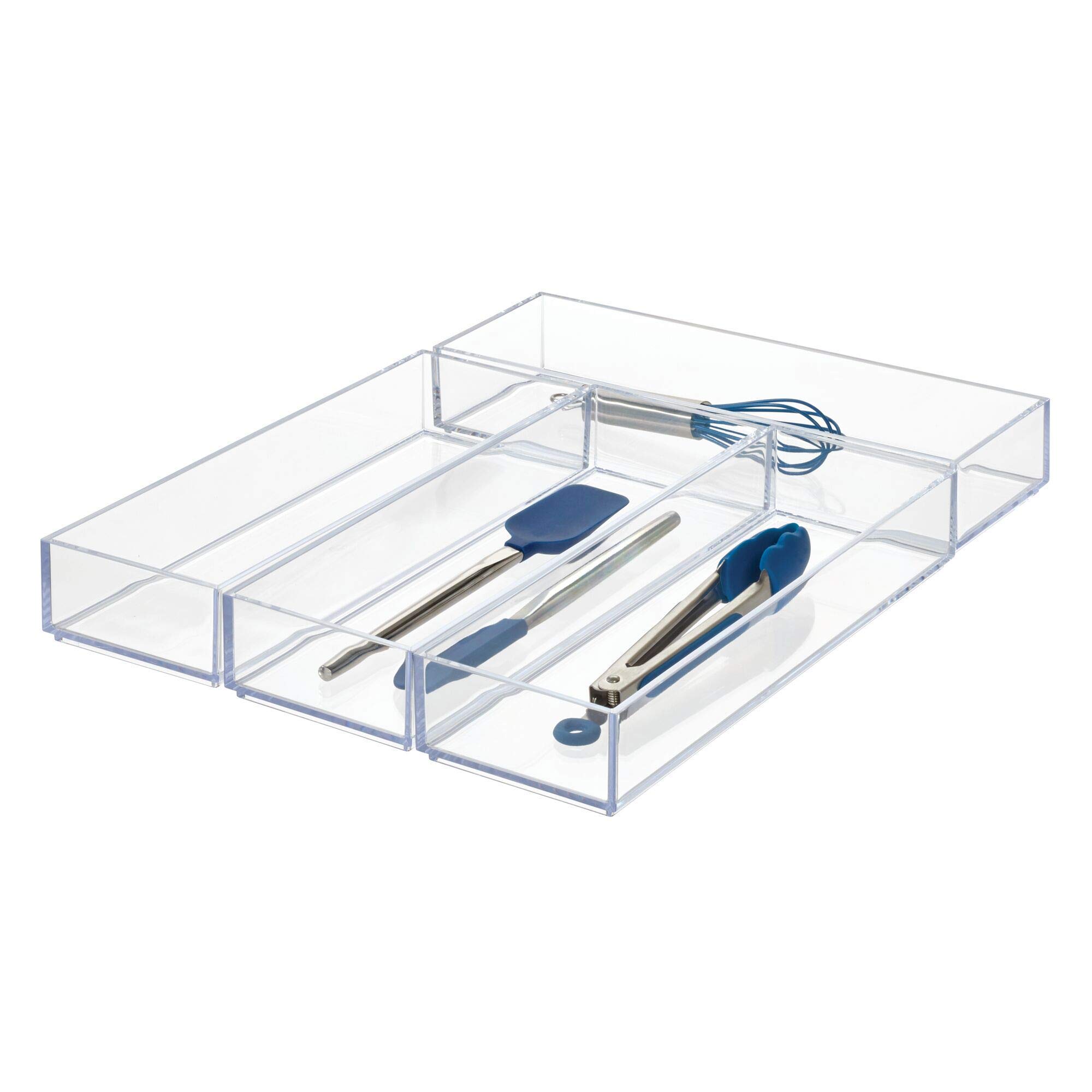 iDesign Clarity Plastic Drawer Organizer Set of 4 - Kitchen & Bathroom Storage for Silverware, Spatulas, Utensils & Gadgets - Perfect for Drawer Organization in Small Spaces