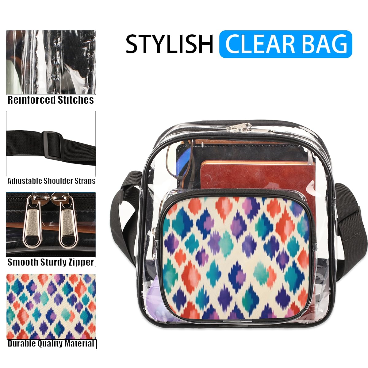 Mularoka Ikat Boho Clear Crossbody Purse Bag for Women & Men - Stylish Ikat Pattern Stadium Approved Clear Shoulder Bag for Concerts, Festivals & Sports Events - Perfect for Music Festivals, NFL Games & Theme Parks
