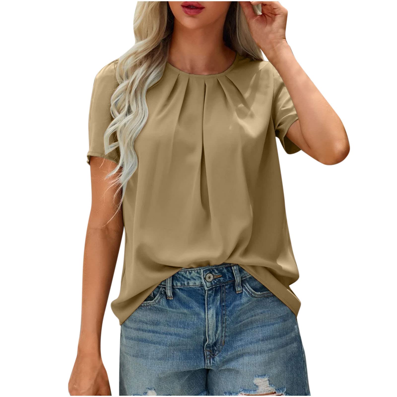 Women's Summer Short Sleeve Pleated Blouse - Solid Color Basic Tee Shirt for Casual Wear, Office & Vacation Outfits