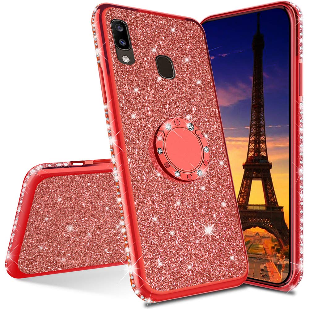 COTDINFORCA Sparkly Pink Glitter Bling Diamond Rhinestone Protective Case with Ring Kickstand for Samsung Galaxy A30/A20 - Cute Girly Phone Cover | Perfect for Everyday Use, Parties, and Gift Giving