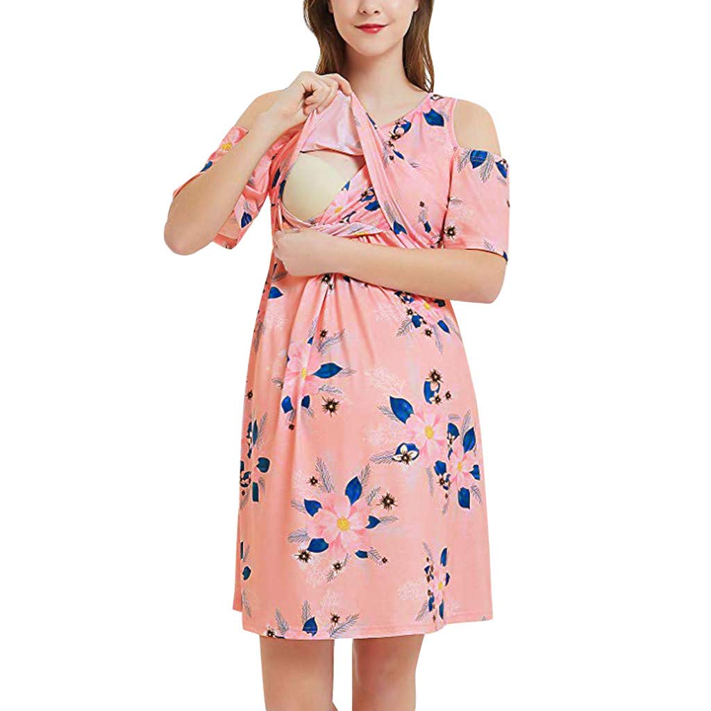 Floral Print Maternity Dress for Breastfeeding - Short Sleeve Summer Tulle Dress for Pregnant Women | Perfect for Nursing, Baby Showers & Maternity Photos