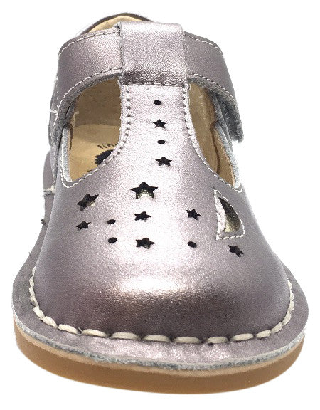 Livie & Luca Girls Mae Pewter Metallic Shimmer Leather Mary Jane Shoes with Moon & Stars Design | T-Strap Closure | Comfortable Dress Shoes for Toddler Girls | Perfect for Weddings, Parties & Special Occasions