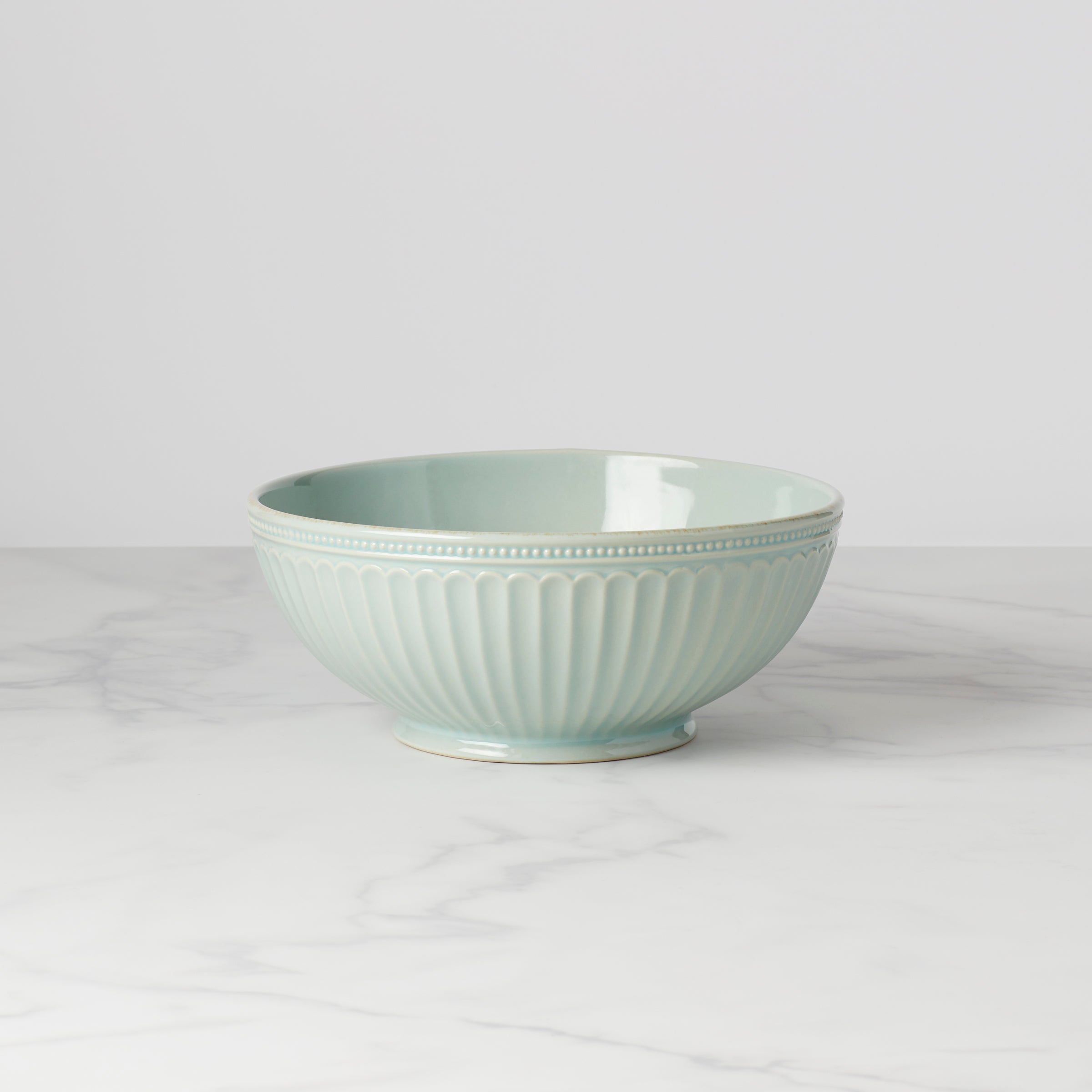 French Perle Groove Ice Blue Medium Bowl - Elegant Ceramic Serving Bowl for Salads, Pasta, Desserts - Perfect for Dining, Entertaining & Home Decor