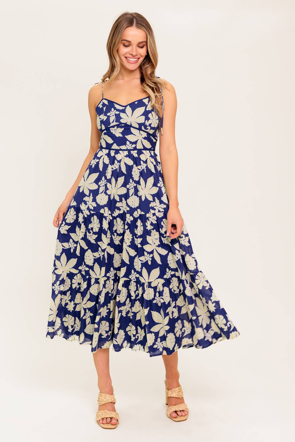 Elegant Petals in the Wind Navy Midi Dress - Perfect for Summer Weddings & Garden Parties