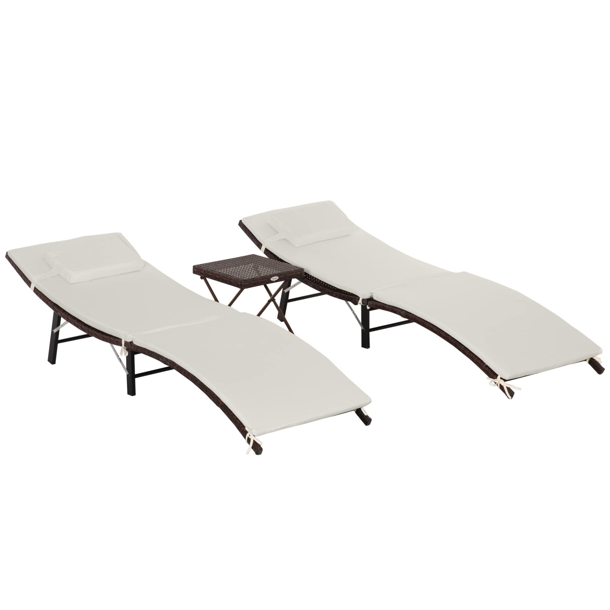 Outsunny 2-Piece PE Rattan Chaise Lounge Set with Folding Table & Pillows - 3-Piece Outdoor Wicker Ledge Lounger Chairs for Patio, Poolside, Garden Relaxation