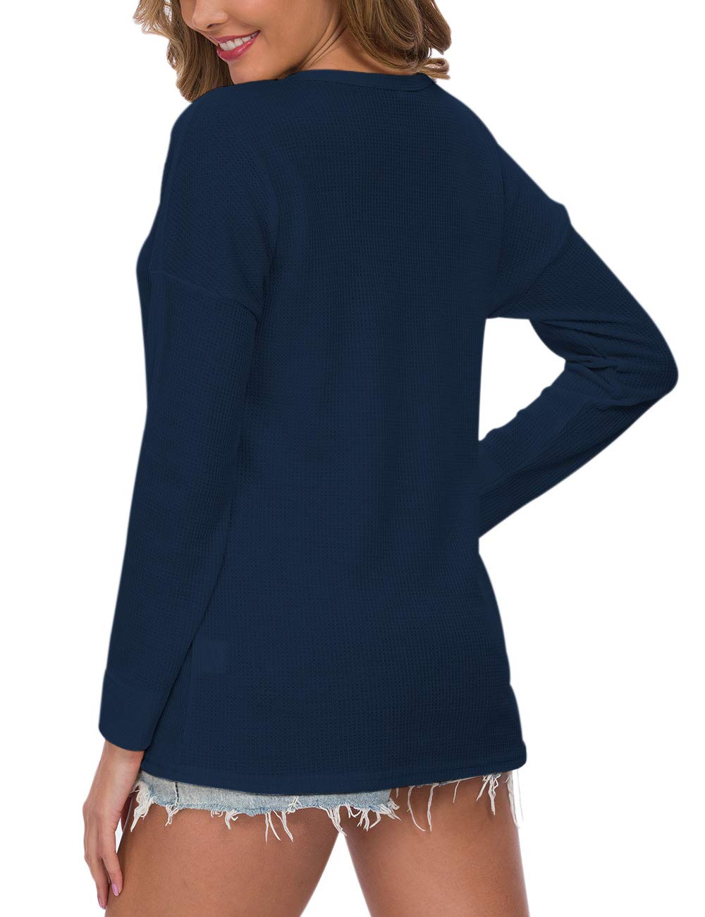 WNEEDU Women's Waffle Knit Tunic Top - Loose Fit Long Sleeve Button Up Henley Shirt with V-Neck | Casual Fall & Winter Layering, Office Wear, Everyday Outfits