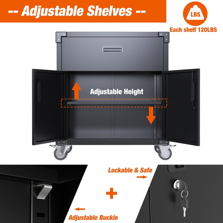 Heavy-Duty Metal Garage Storage Cabinet with Wheels - 2 Doors & 1 Drawer Mobile Steel Utility Cabinet for Garage, Workshop, Home & Office Organization - Easy Assembly (Black) | Perfect for Tools, Cleaning Supplies & Home Storage Solutions