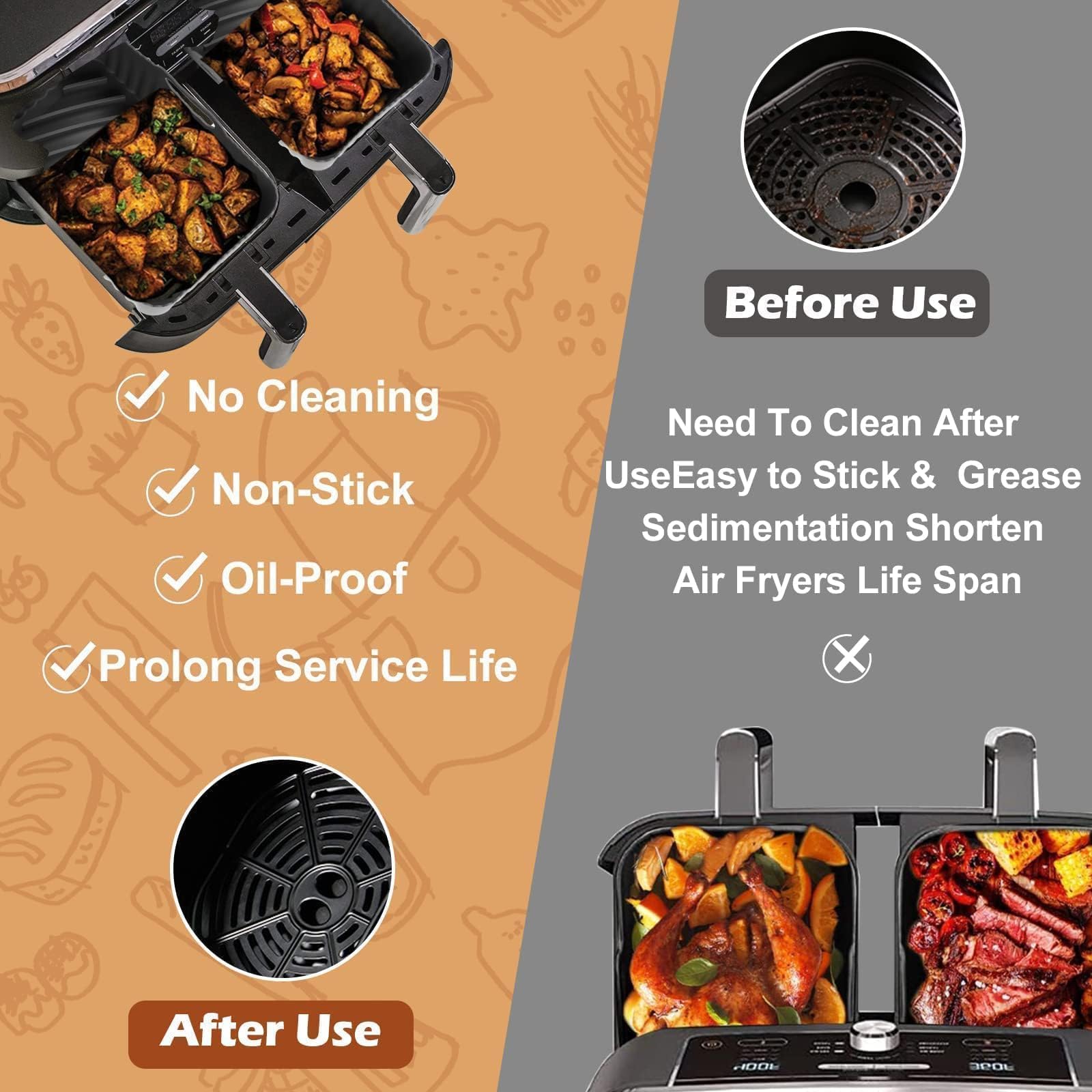 2-Pack Reusable Silicone Air Fryer Liners for Ninja Dual Air Fryer - Heat Resistant Non-Stick Baking Mat for Ninja Foodi AF300UK & Tower T17088 - Perfect for Air Frying, Oven Baking & Microwave Cooking - Easy Clean & Dishwasher Safe