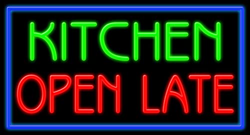Vintage Style Kitchen Open Late Glass Neon Sign #11737 - Handcrafted in USA | Perfect for Bars, Diners & Retro Home Decor