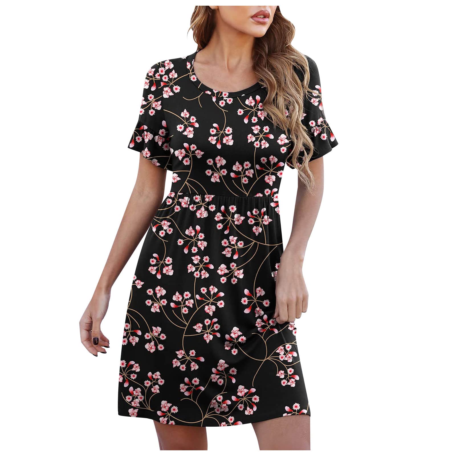 Ladshion Women's Floral Print Empire Waist Dress - Knee Length Crew Neck Party Dress with Bell Sleeves - Perfect for Wedding Guest, Bridal Shower, Garden Party & Summer Events