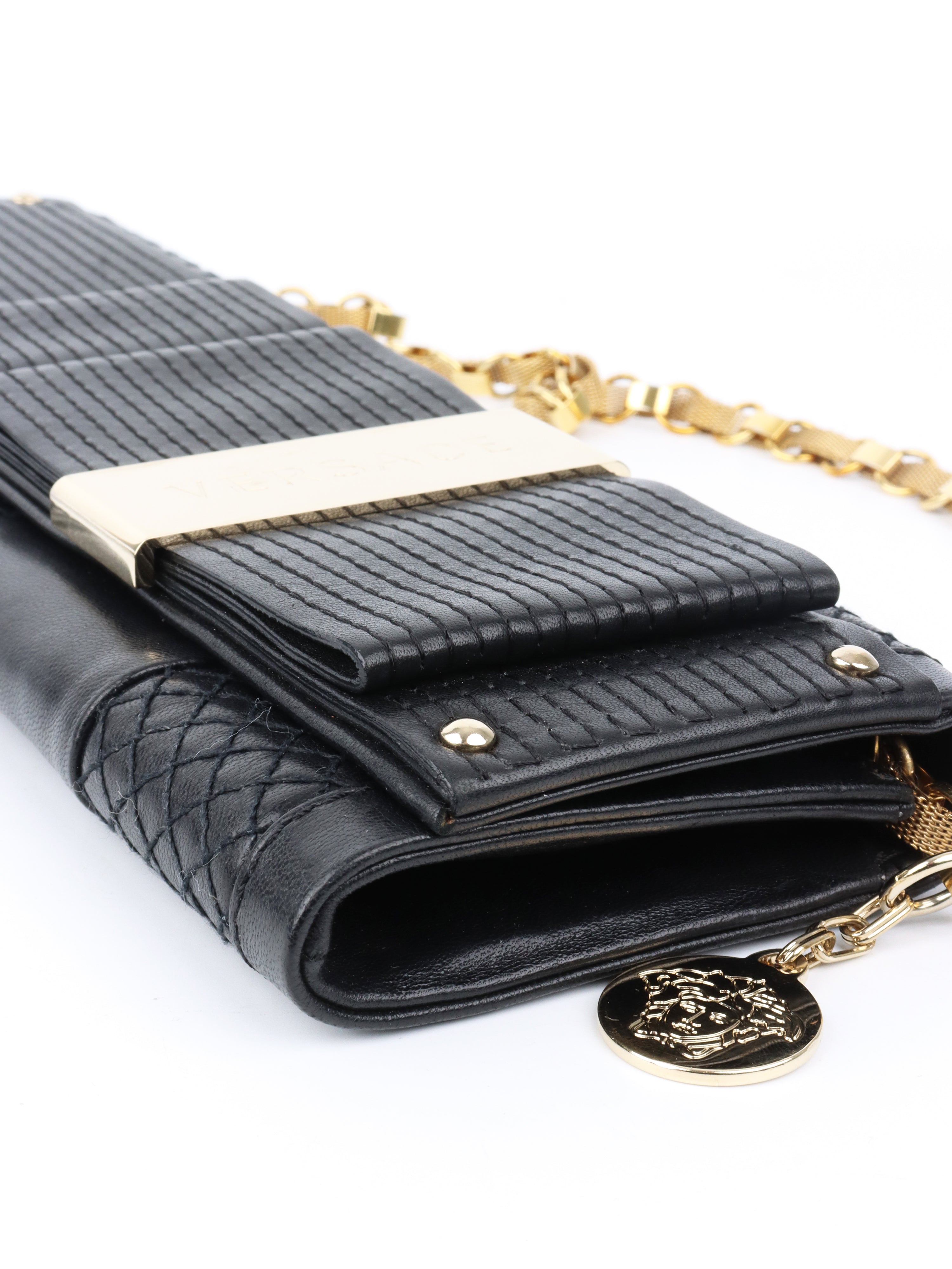 Versace Black Leather Slim Clutch Purse for Women - Elegant Evening Bag for Parties, Weddings & Special Occasions