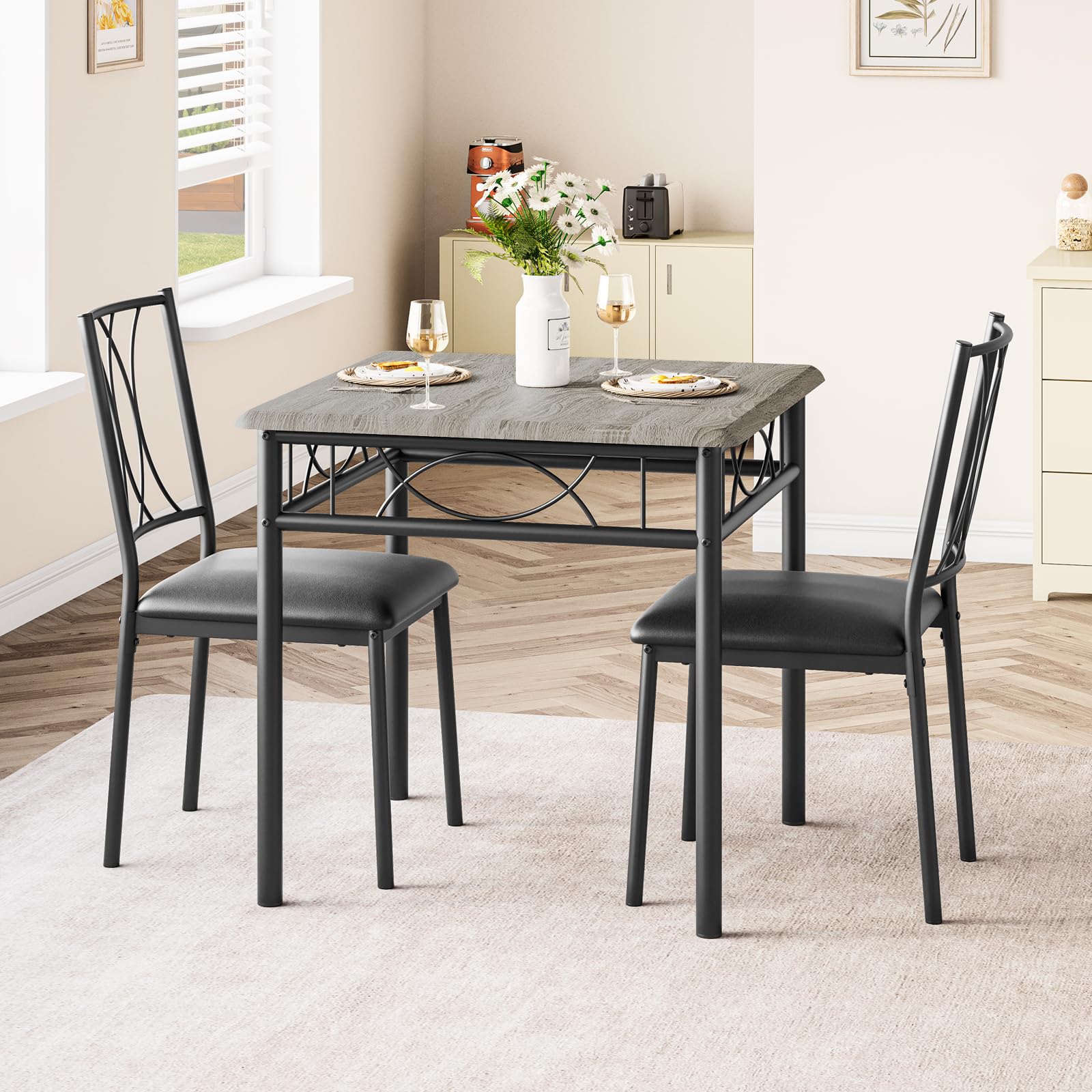 2-Piece Rustic Grey Square Dining Table Set with 2 Upholstered Chairs - Metal & Wood Kitchen Table for Small Spaces & Apartments - Perfect for Breakfast Nooks, Studio Dining, and Cozy Meals