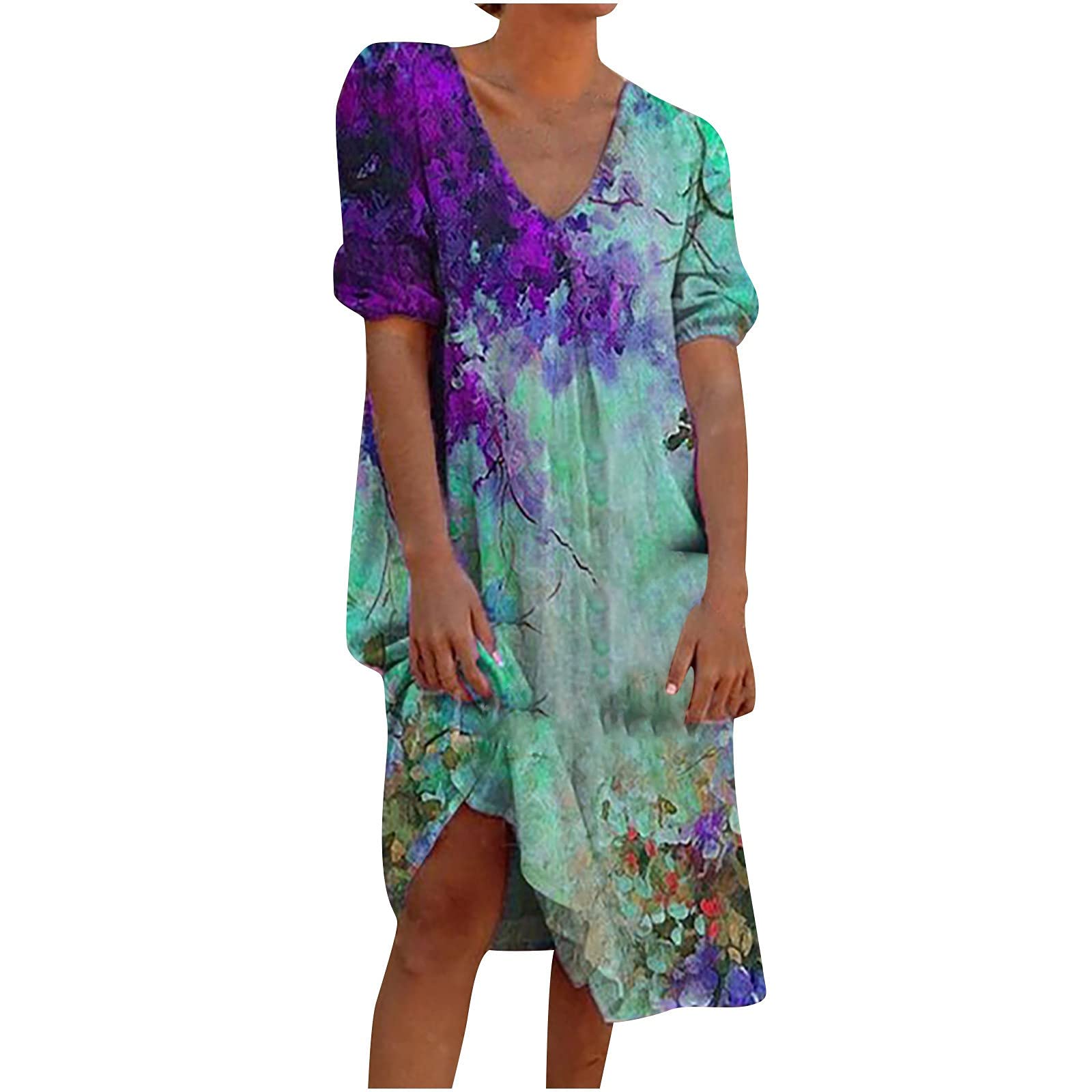Women's Summer Dresses - Floral Print V-Neck Short Sleeve Beach Dress | Casual Sundress for Vacation, Pool Party & Outdoor Activities