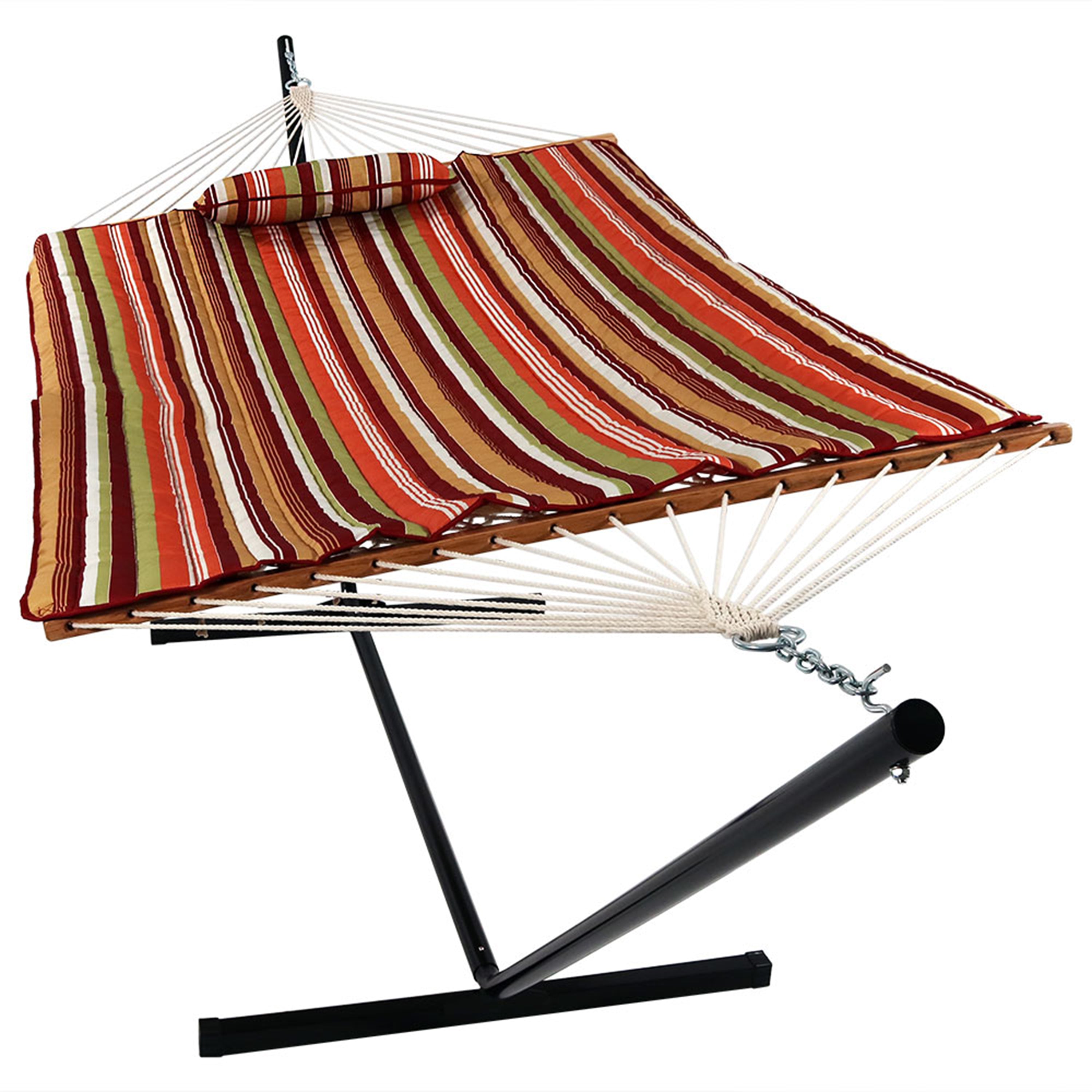 Premium Sunnydaze Rope Hammock with 12-Foot Steel Stand, Comfortable Pad & Pillow - Perfect for Backyard Relaxation, Beach Lounging & Outdoor Camping