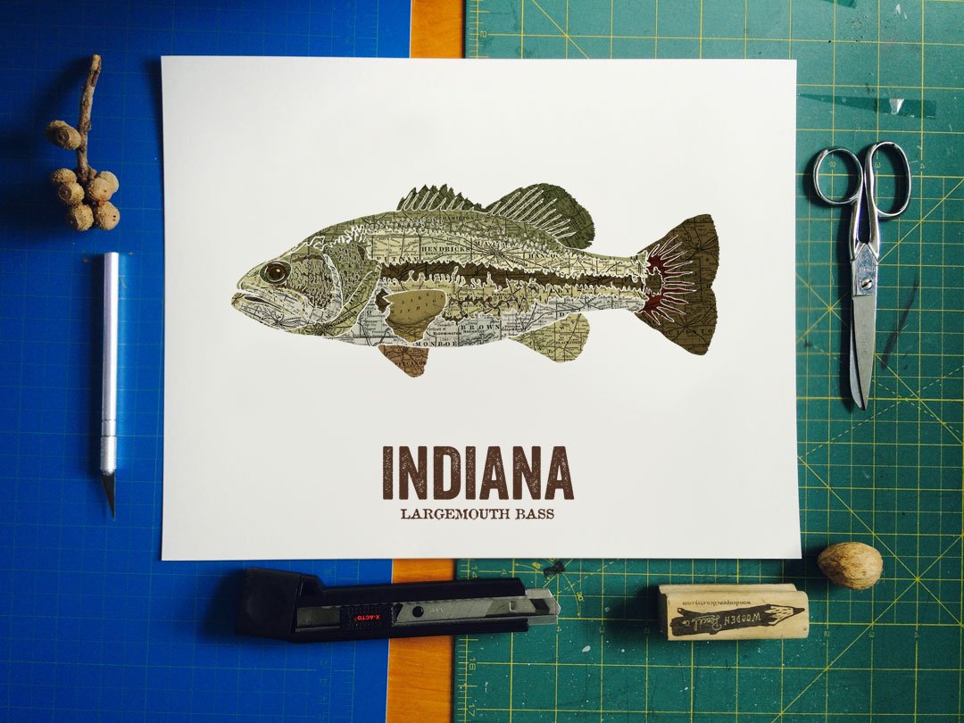 Indiana State Fish Art Print - Vintage Map & Largemouth Bass Wall Decor - Nature Outdoor Art Gift for Dad - Perfect for Home, Office & Cabin Decor