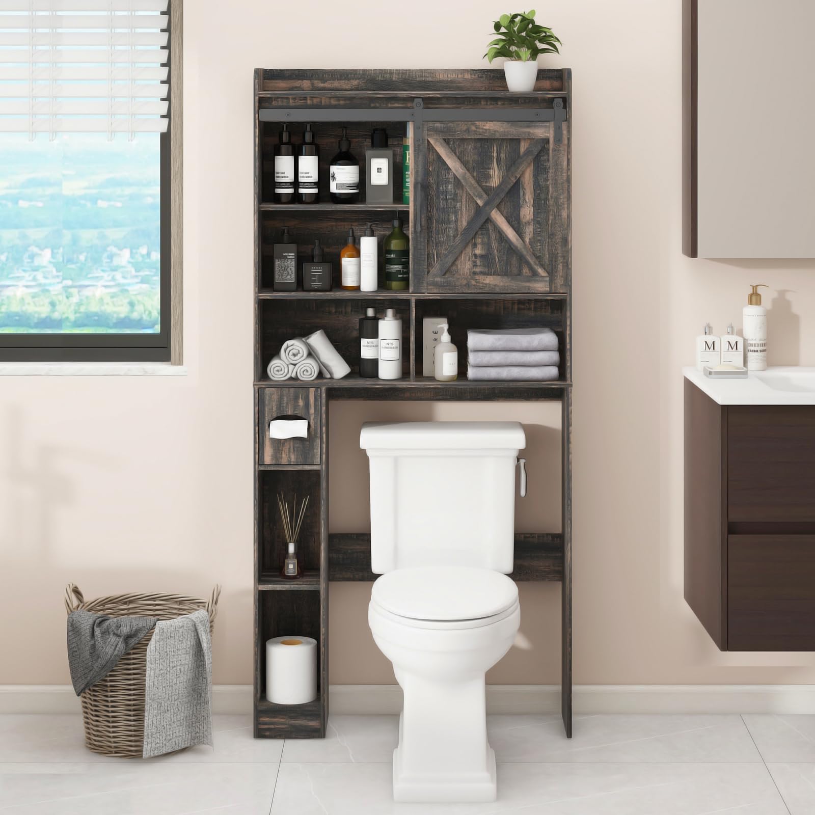 Farmhouse Over The Toilet Storage Cabinet with 2 Barn Doors & Toilet Paper Holder - Space Saving Bathroom Organizer for Towels, Toiletries & Essentials - Perfect for Small Bathrooms, Restrooms & Powder Rooms
