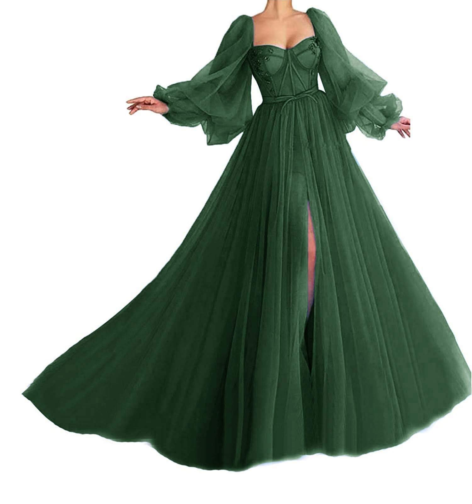 Vintage Tulle Puffy Sleeve Prom Dress with Sweetheart Neckline & High Slit - Elegant Long Evening Party Gown for Homecoming, Wedding Guest & Formal Events