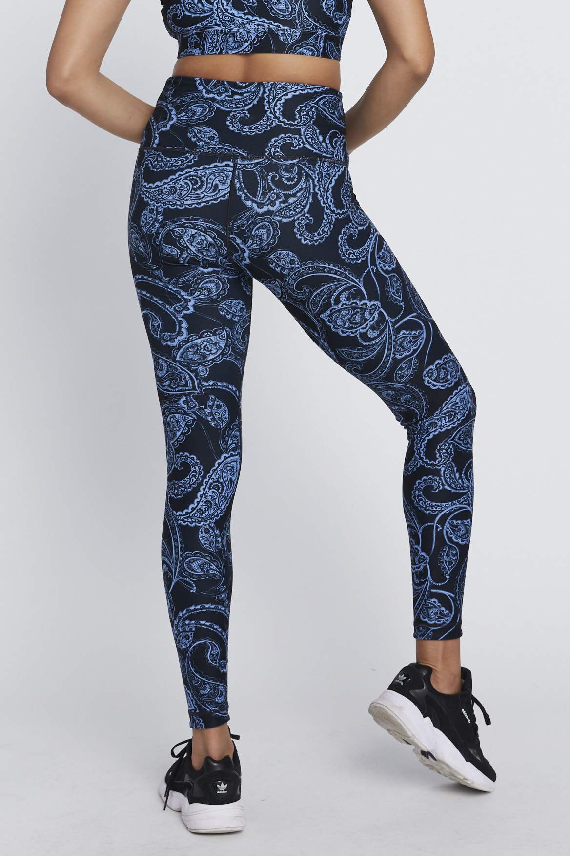 High Waist Reversible Leggings for Women - Sky Blue Paisley Print Yoga Pants with Pockets | Workout, Running, Lounge & Everyday Wear