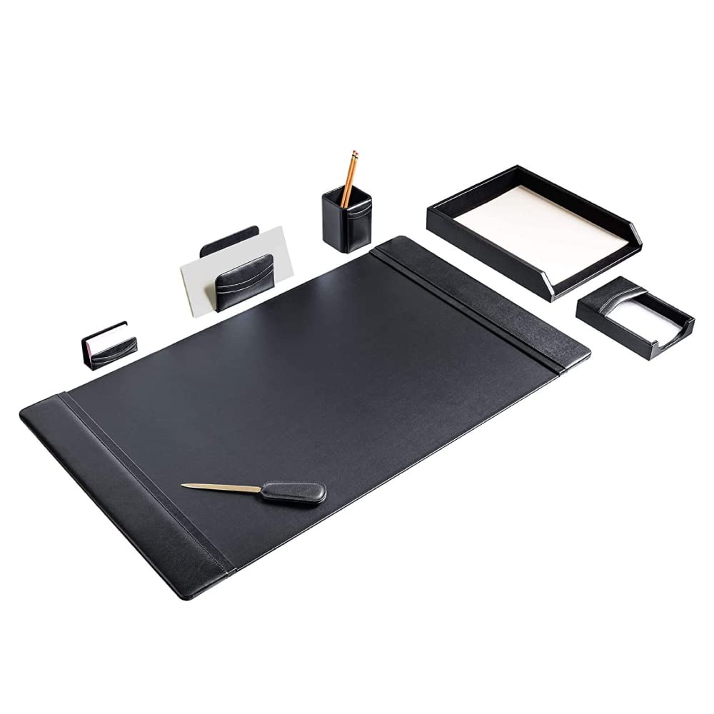 Premium Dacasso 7-Piece Black Leather Desk Set (D1004) - Perfect for Office, Home & Executive Gifts - Includes Pen Holder, Letter Tray & More