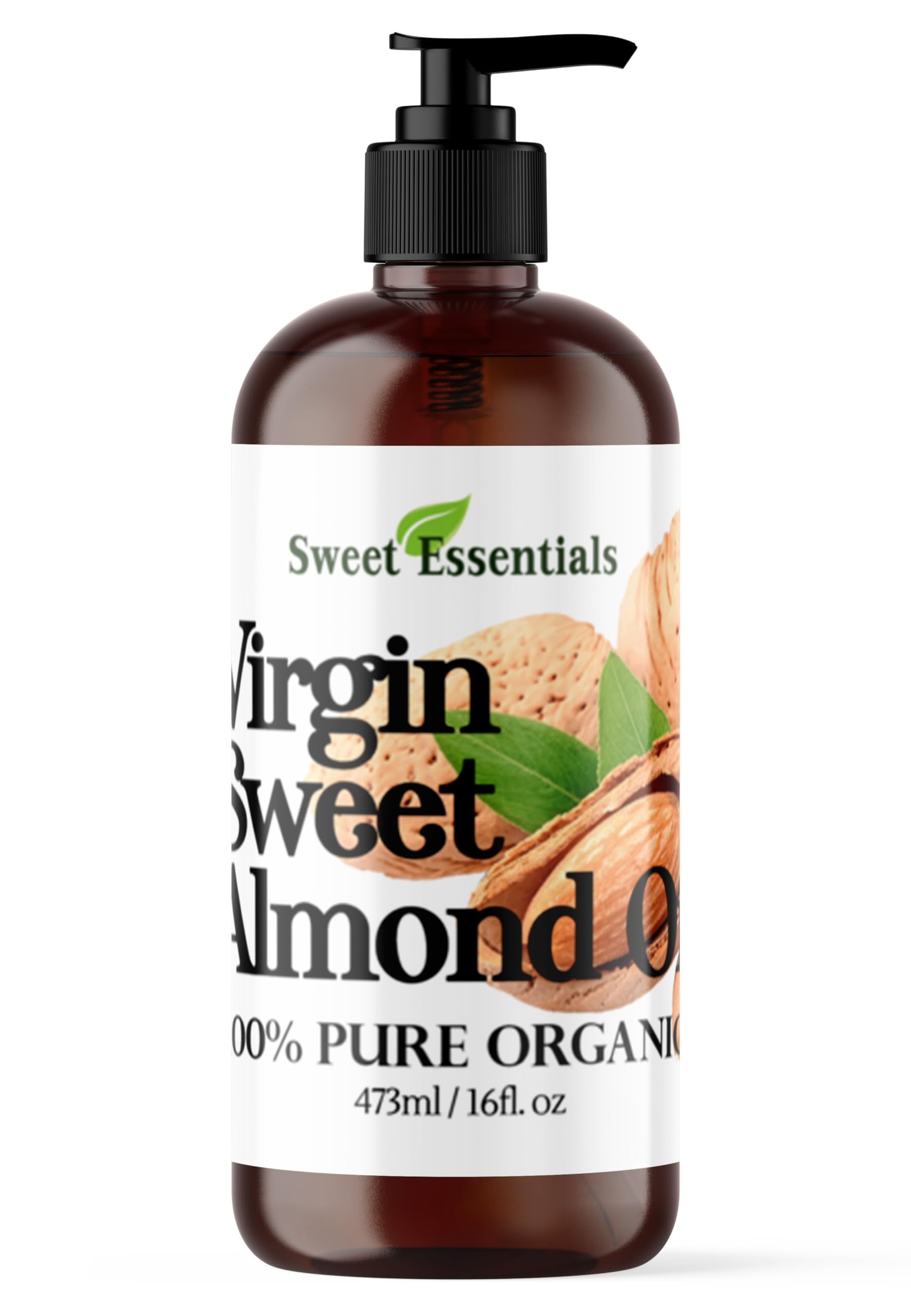 Organic Unrefined Virgin Sweet Almond Oil 16oz - 100% Pure Cold Pressed Hexane Free Carrier Oil for Hair, Skin & Nails - Imported from Italy in Glass Bottle with Pump - Perfect for Aromatherapy, Massage & DIY Beauty Products