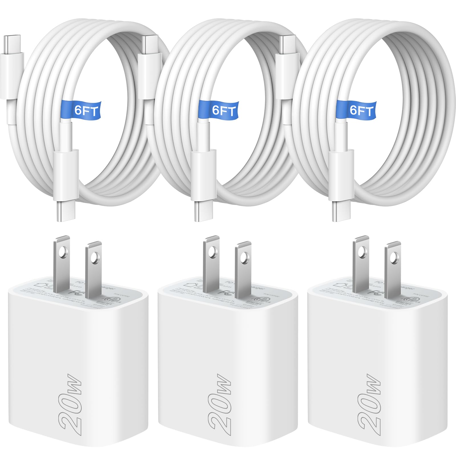 Apple MFi Certified 3-Pack USB C Charger Block with 6FT USB C to C Cable - Fast Charging Compatible with iPhone 16/15/Pro Max, iPad Pro, Samsung Galaxy & More Android Phones - Perfect for Home, Office & Travel Charging