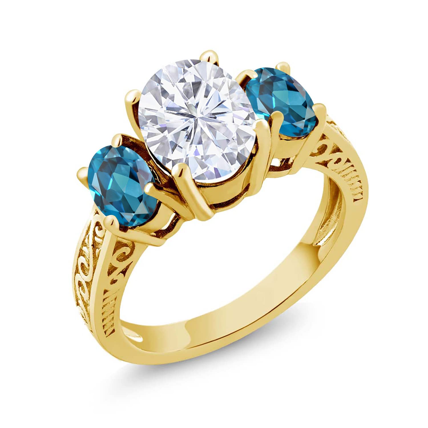 18K Yellow Gold Plated Silver London Blue Topaz & Moissanite Ring Set (3.30 Cttw) - Elegant Jewelry Gift for Women, Perfect for Weddings, Anniversaries & Special Occasions