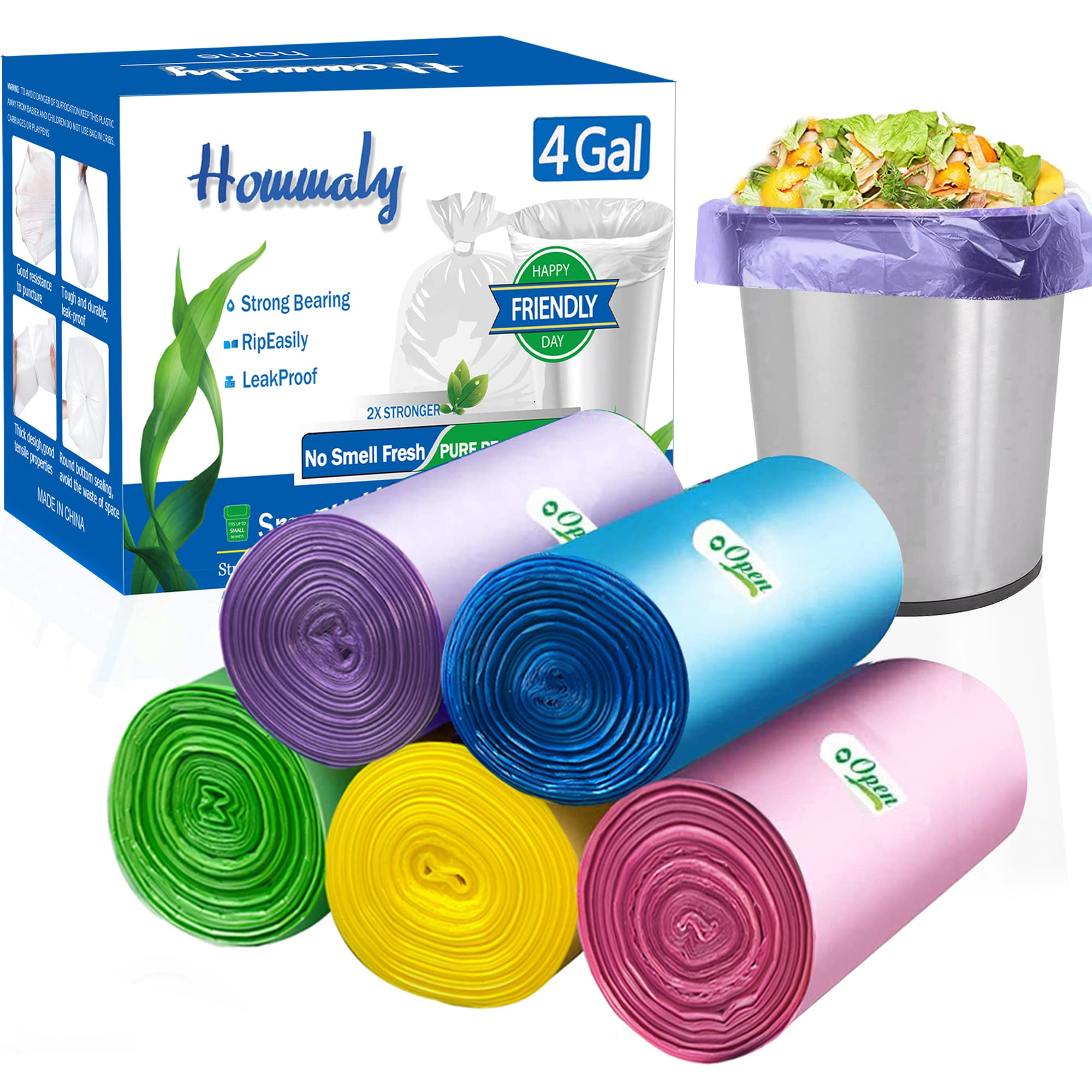 4 Gallon Small Trash Bags (250 Count) - 12-15 Liter Bin Liners for Kitchen, Bathroom, Bedroom & Office - 5 Color Garbage Can Bags for Home Waste Disposal & Daily Cleaning