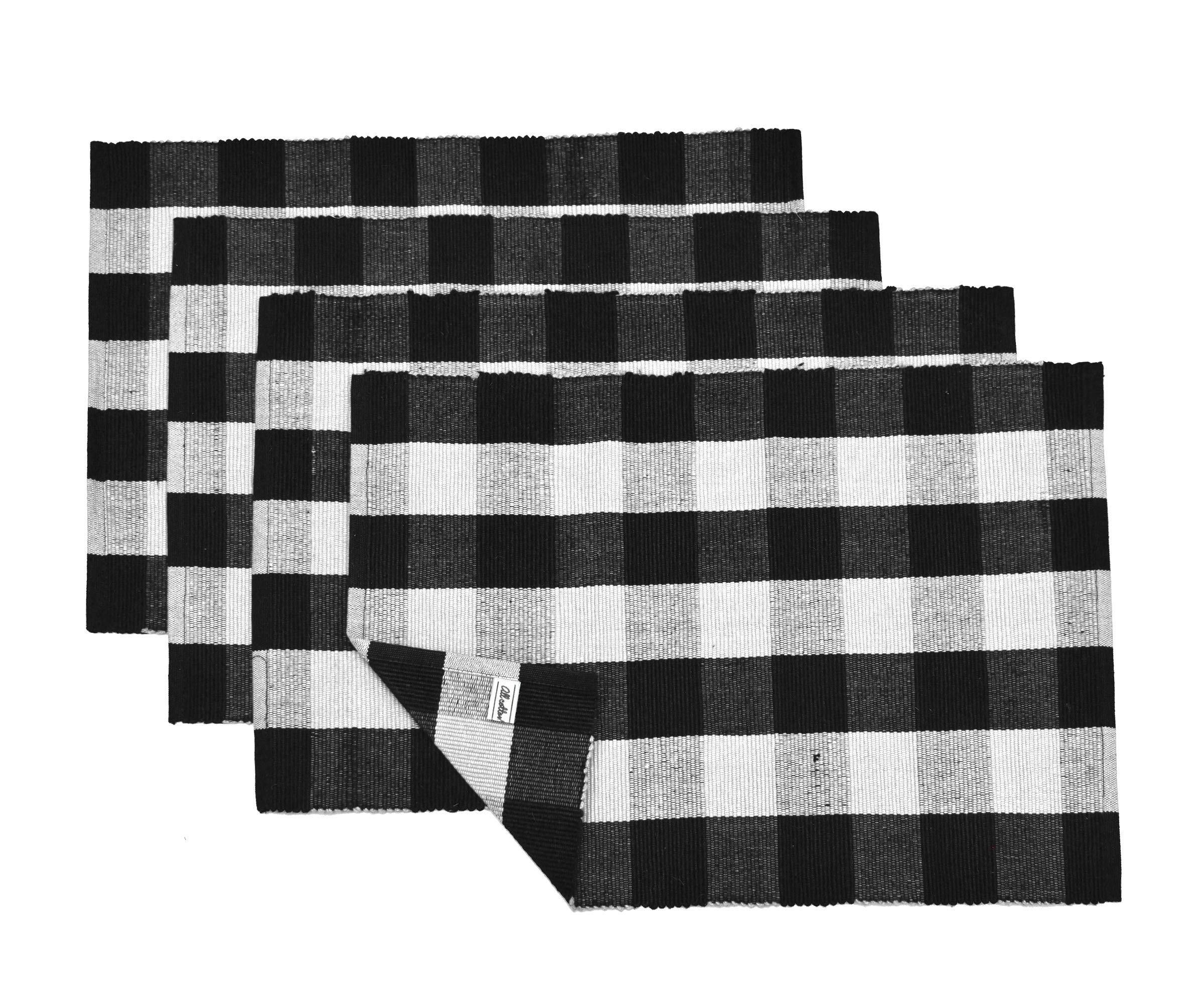 Black Cotton Placemats Set of 4 - Buffalo Plaid Checkered Table Mats 13x18 Inch - 100% Washable Linen Fabric for Dining Table - Rustic Farmhouse Decor for Thanksgiving, Christmas & Everyday Use