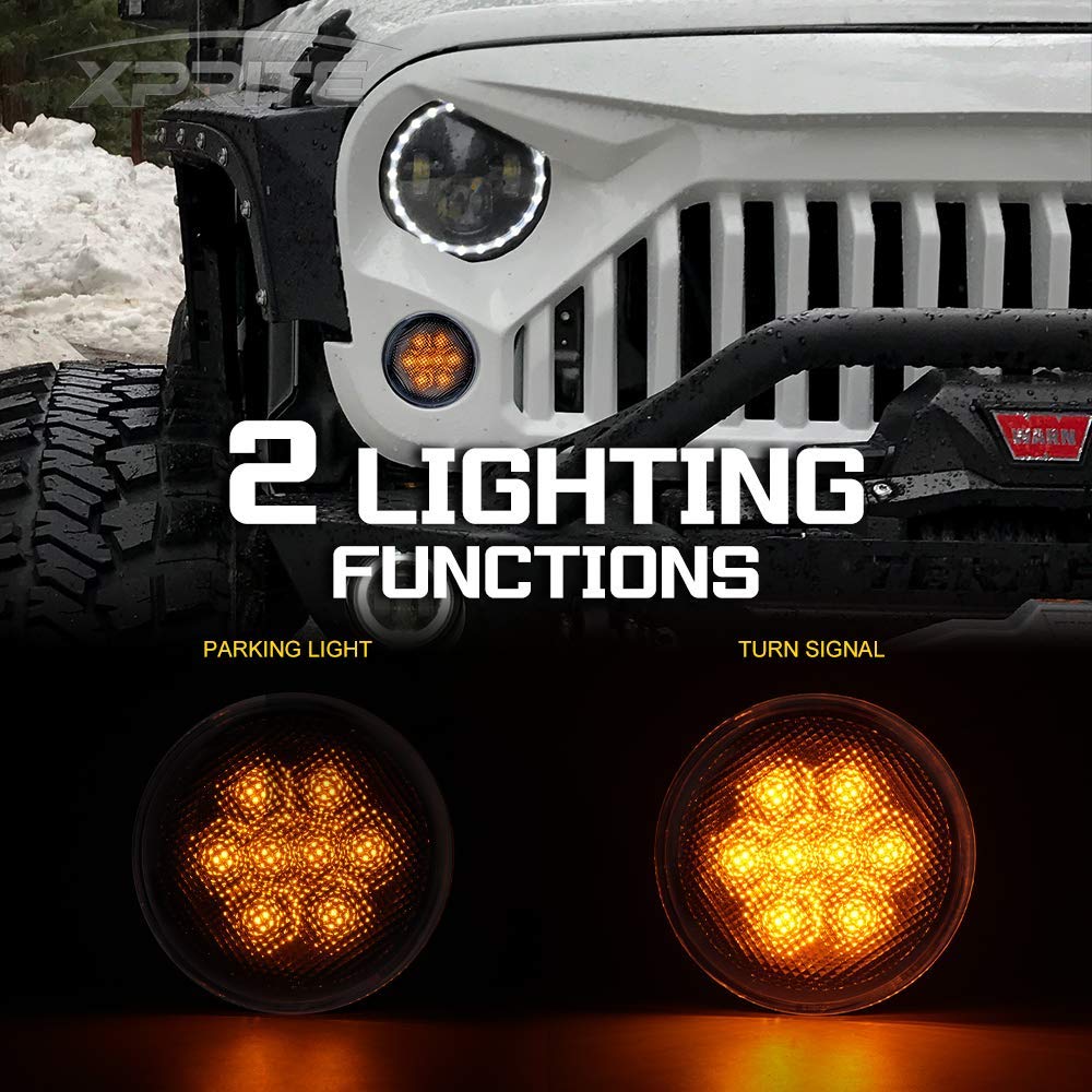 Xprite Amber LED Turn Signal Lights - Clear Lens, Plug & Play Installation with Parking Light Function - Compatible with 2007-2018 Jeep Wrangler JK & Unlimited - Upgrade Your Off-Road Adventure & Daily Driving Safety
