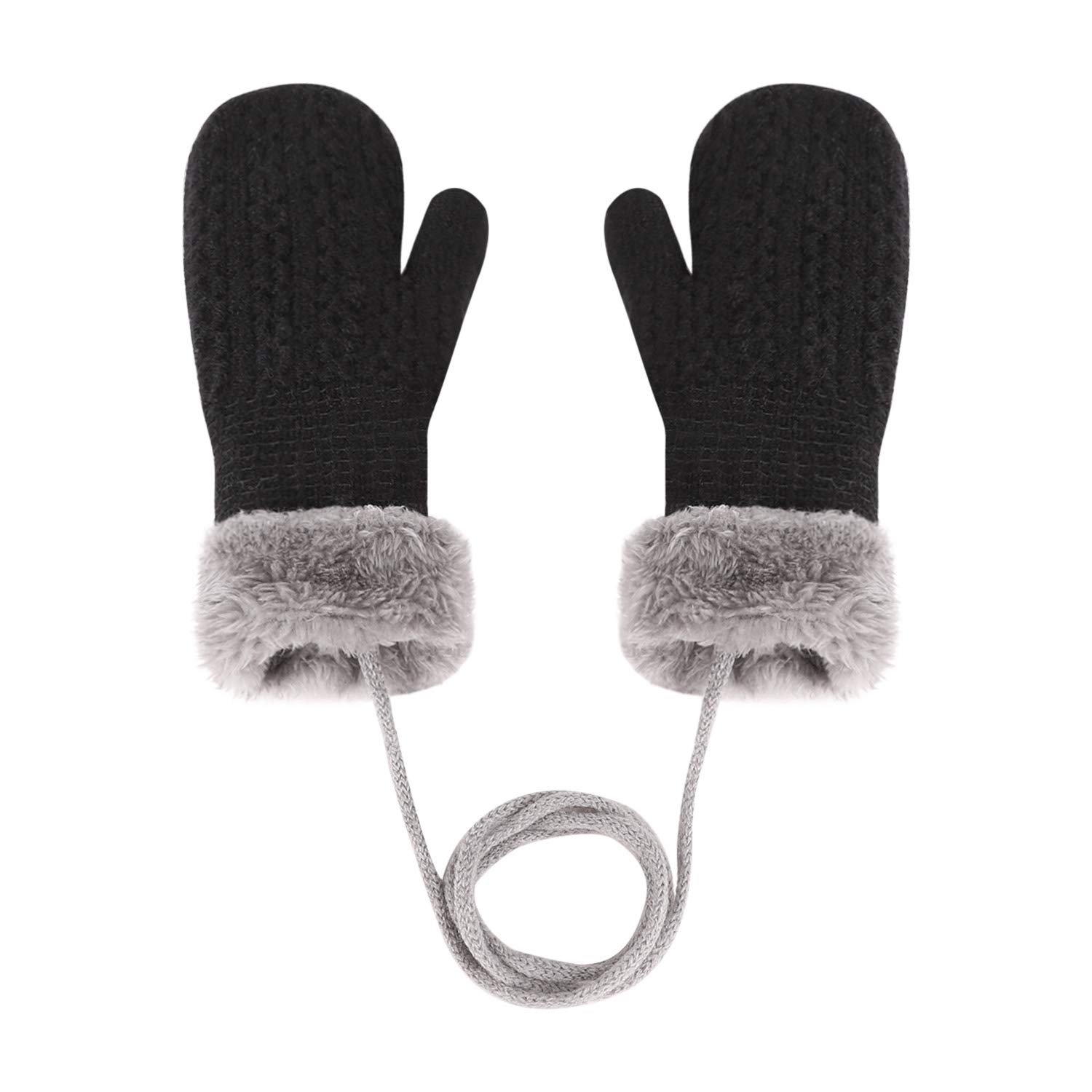 Kids Double Layer Knitted Winter Gloves for Toddlers 1-4 Years - Warm Plush Hanging Neck Mittens with Rope, Full Finger Wrist Protection - Perfect for Outdoor Play, Snow Activities & Christmas Gifts for Boys & Girls