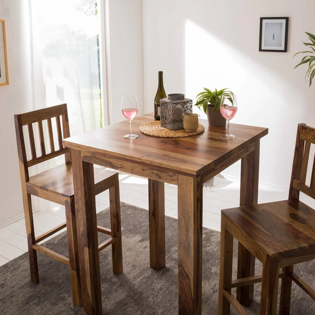 Gfine Solid Sheesham Wood Bar Table Set with 2 Chairs - 81x81x101cm - Modern Pub Height Counter Table for Kitchen, Dining Room & Outdoor Patio