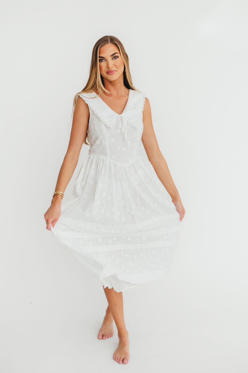 Elaine 100% Cotton Embroidered Midi Dress - White Floral Summer Dress for Women, Perfect for Beach Vacation, Garden Party & Casual Outings