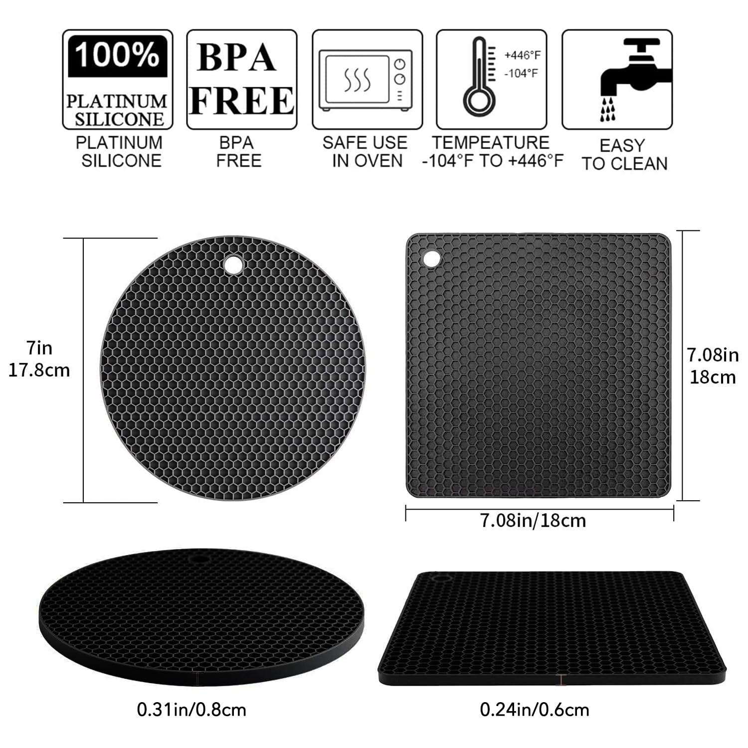**4-Pack Silicone Trivet Mats - Heat Resistant Pot Holders for Hot Pans & Pots - Countertop Protectors for Tables, Kitchen Countertops, Spoon Rests & Large Coasters (2 Square + 2 Round Mats, Black & Gray) - Perfect for Cooking, Baking & Serving**