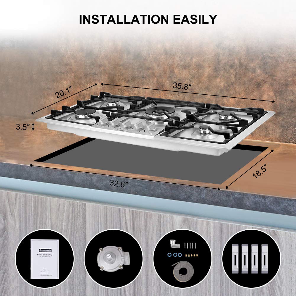 ThermoMate 36 Inch Built-In Gas Cooktop - 5 High Efficiency Burners, NG/LPG Convertible Stainless Steel Rangetop with Thermocouple Protection & 120V AC - Perfect for Home Kitchen, Restaurant & Outdoor Cooking