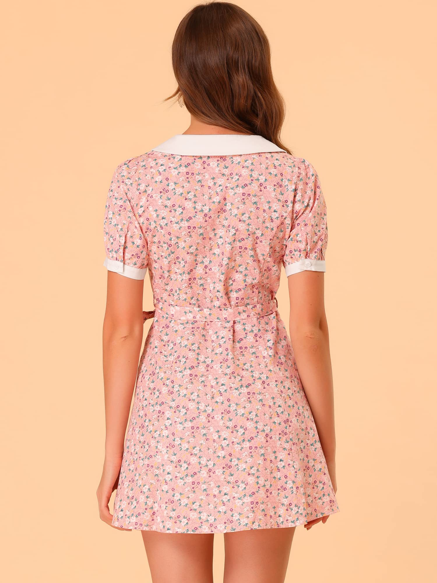 Allegra K Women's Floral Print Cotton Shirt Dress with Collar & Belted Waist | Summer Button Down Tunic Dress in Medium Pink | Perfect for Beach Vacations, Brunch Dates & Office Wear