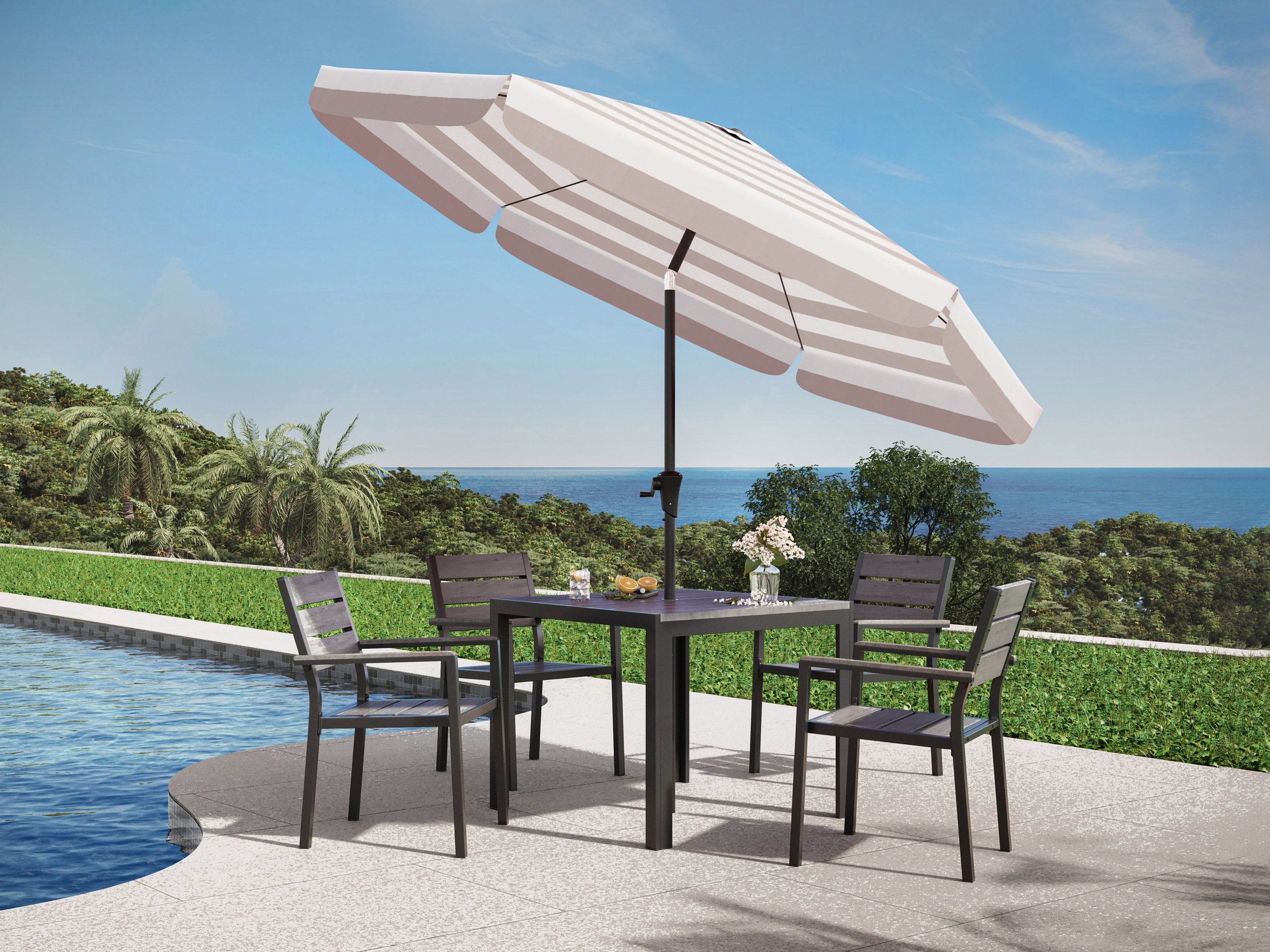 10ft Round Taupe and White Striped Patio Umbrella - Outdoor Sun Shade for Pool, Garden, Deck, and Backyard Relaxation