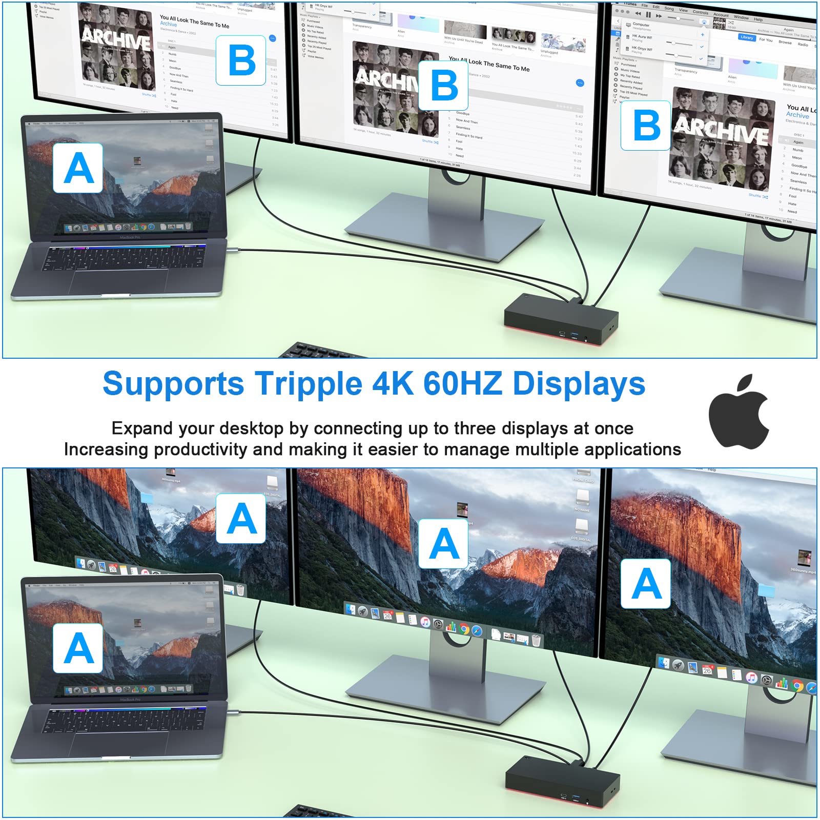 13-in-1 USB C Docking Station for Laptop - Triple 4K@60Hz HDMI/DP, 100W PD Charging, Gigabit Ethernet, 6 USB Ports, Audio Jack - Compatible with MacBook, ThinkPad, Dell, HP (Perfect for Home Office & Multi-Monitor Setup)