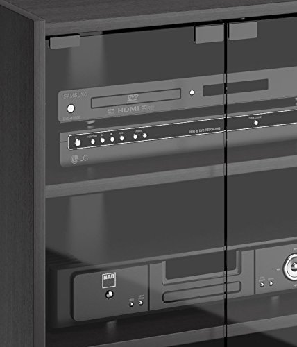 Corliving 4-Tier Media Stand with Adjustable Shelves - Black DVD Storage Cabinet with Tempered Glass Doors & Cable Management - Perfect for Living Room, Home Theater & Game Console Organization