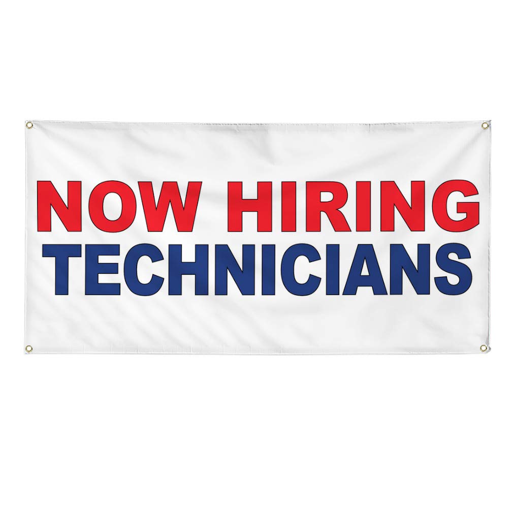 Now Hiring Technicians Vinyl Banner - 48x96 Inches Weatherproof Outdoor Business Sign with 8 Grommets (Red/Blue) - Perfect for Job Fairs, Construction Sites & Industrial Yard Advertising