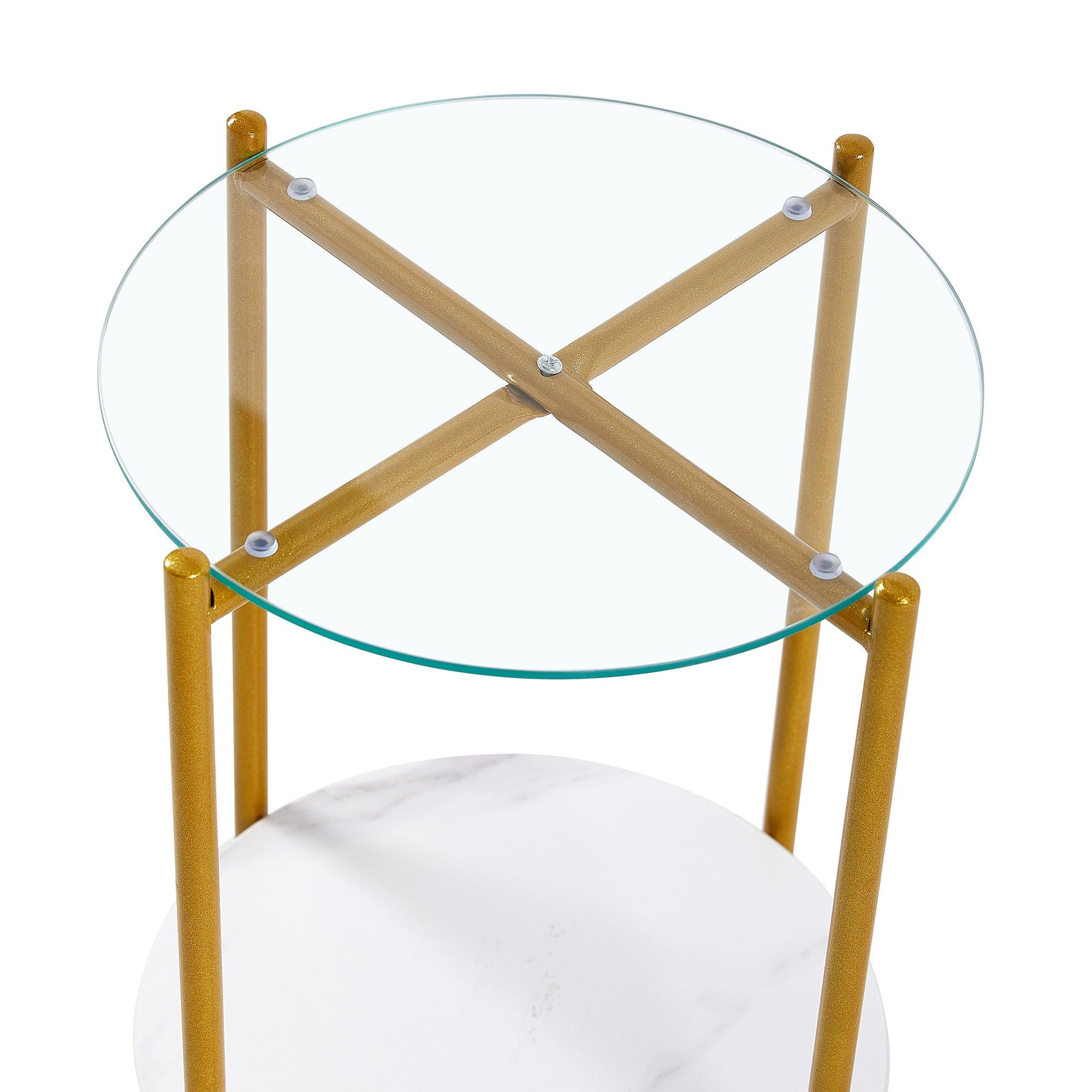 2-Tier Round End Table with Tempered Glass & Marble Top - Gold Metal Frame Coffee Table for Living Room, Bedroom, Office - Perfect for Small Spaces & Modern Decor (1 Piece)