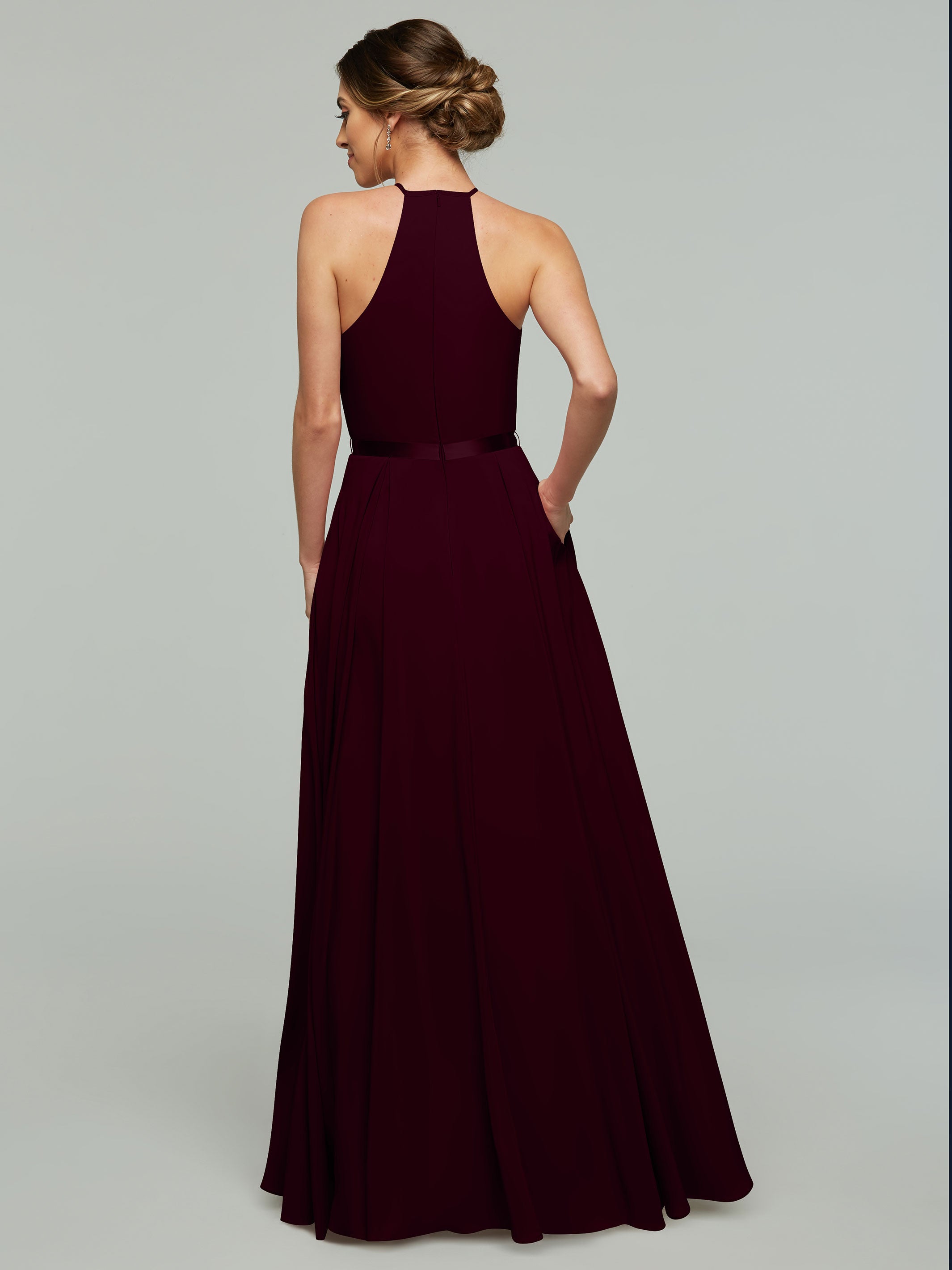 Elegant A-Line Stretch Chiffon Bridesmaid Dress with Halter Neckline & Waist Belt - Perfect for Weddings, Formal Events & Special Occasions
