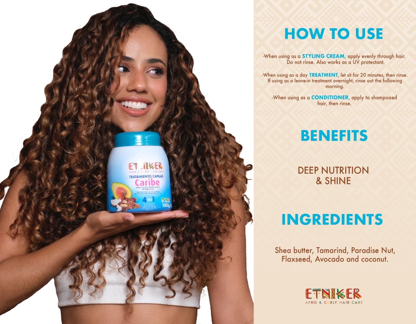 ETNIKER CARIBE 4-in-1 Hair Treatment for Afro, Curly & Wavy Hair - Deep Conditioner, Styling Cream, UV Protection & Repair Mask with Natural Oils (Paradise Nut, Coconut, Avocado) - 33 oz for Salon-Quality Styling & Damaged Hair Care